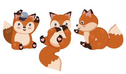 Set of orange cartoon fox in various position. Red character. Wild, cute and fun mammal. Forest inhabitants. Childish toy with bushy tail. Isolated on white background. Vector illustration