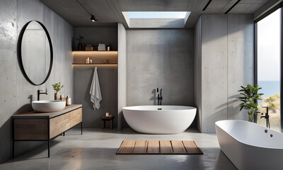 Minimalist style interior design of modern bathroom with concrete wall. AI generative.