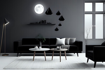 Dark modern living room with spooky moonlights, photos mockup, sofa and armchair. Soft dark modern living room