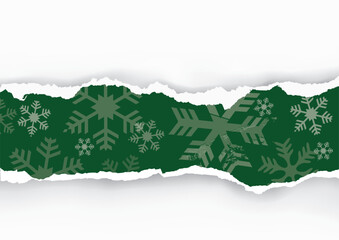 Christmas torn paper stripe with snowflakes.
Illustration of christmas green paper background with place for your text or image. Vector available