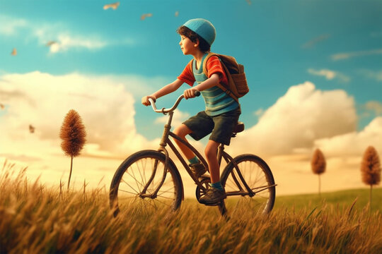 stail cartoon boy riding a bicycle
