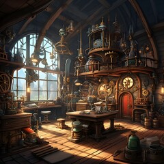 Steampunk Laboratory with Clocks