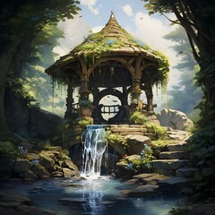 Gazebo with Waterfall in the Woods