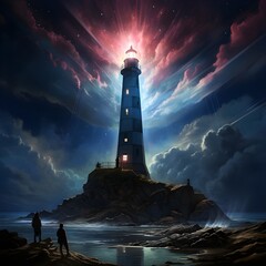Lighthouse on a Rocky Shore at Night