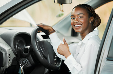New car, portrait or happy black woman with thumbs up, yes or thank you for vehicle finance or loan success. Smile, motor deal and happy driver ready for travel, transport or auto insurance agreement
