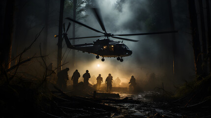 Helicopter arrives in a forest to extract soldiers at night
