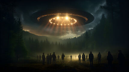 Giant UFO landing in a forest at night, crowd in awe - obrazy, fototapety, plakaty