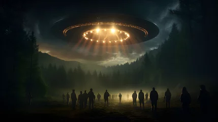Wandcirkels tuinposter Giant UFO landing in a forest at night, crowd in awe © Sunshine Design