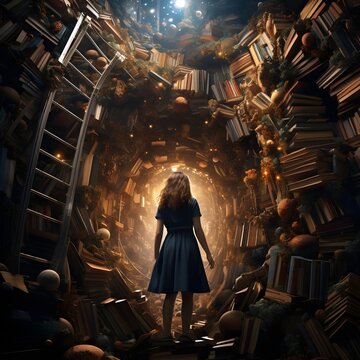 Woman Walking through a Tunnel of Books
