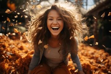 Beautiful laughing girl playing with autumn leaves