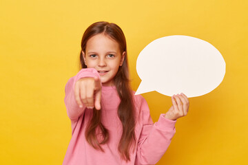 Empty room for advertising. Available area for promotion. Cheerful little kid girl wearing pink...