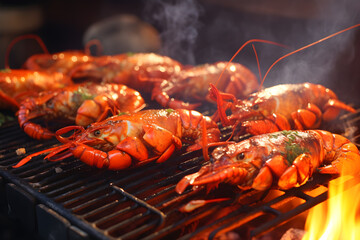 lobsters on the grill. grilling lobster over hot flame