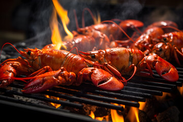 lobsters on the grill. grilling lobster over hot flame