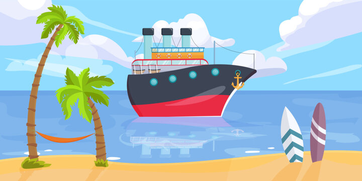 Marine seascape with beach, steamboat, blue ocean water. Sea tourism, travel by ship. Summer tourism, vacation trip and travel. Palm on sand. Holiday resort. Maritime climate. Vector illustration