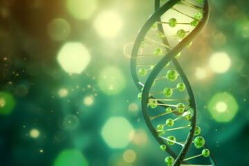 Biological background with DNA molecule on green background. - obrazy, fototapety, plakaty