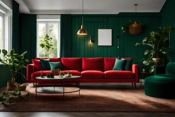 red sofa in green wall background with white ceiling