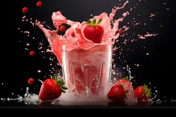 Tuinposter Splashing strawberry milkshake with ice and fresh strawberries on the table with black background. strawberry smoothie milkshake with splashes © Rangga Bimantara