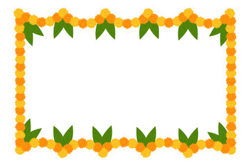 Traditional Indian flower garland with marigold flowers and mango leaves. Decoration for Indian Hindu holidays. Vector illustration isolated on white background.