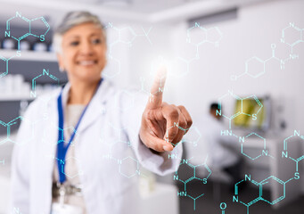 Hand, press screen and chemistry equation, overlay and woman in laboratory with science and innovation. Chemical formula, medical research investigation and senior scientist, hologram and futuristic