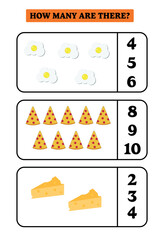 How many are there? Educational math game for kids. Printable worksheet design for preschool, kindergarten or elementary kids.