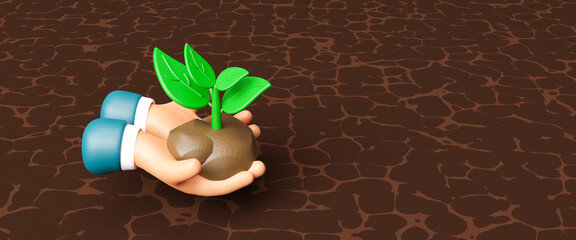 3D hand holding young tree for planting,concept eco earth day and World soil day. ECO friendly habitat protection as plants shaped as the planet on rich organic saving the world environment. 3d render