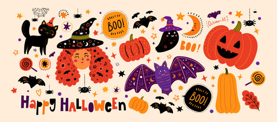 Happy Halloween illustration.  Vector Halloween collection with cute symbols of Halloween