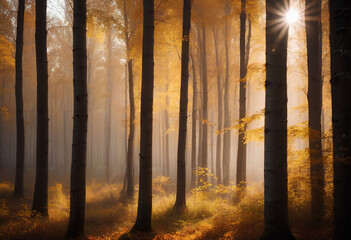 Beautiful Forest in Autumn and sunlight through leaves,mist and warm light