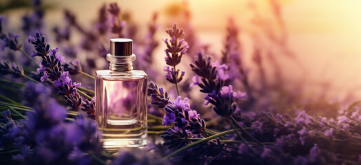 Glass bottle with essential oil among the lavender blossoms - obrazy, fototapety, plakaty