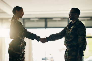 Meeting, army or soldiers shaking hands for partnership, teamwork or deal in war agreement...