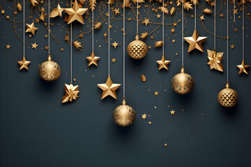 Weihnachtliche goldene Dekoration auf dunklem Hintergrund, Weihnachtskarte, erstellt mit generativer KI - obrazy, fototapety, plakaty