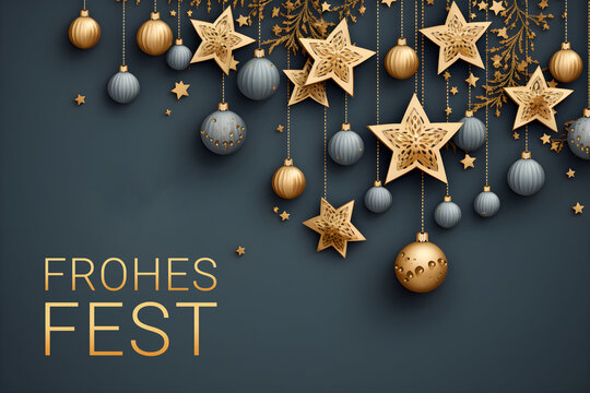 Weihnachtliche goldene Dekoration auf dunklem Hintergrund, Weihnachtskarte, erstellt mit generativer KI