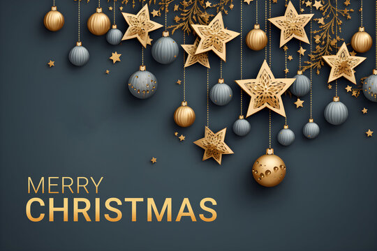 Weihnachtliche goldene Dekoration auf dunklem Hintergrund, Weihnachtskarte, erstellt mit generativer KI