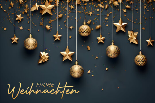 Weihnachtliche goldene Dekoration auf dunklem Hintergrund, Weihnachtskarte, erstellt mit generativer KI