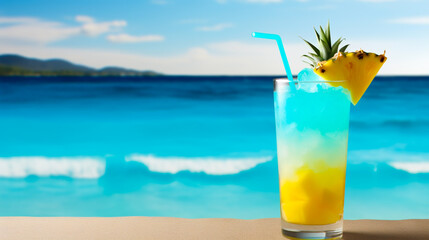 Tropical blue and yellow tones highlighting a fresh pineapple drink on the beach.