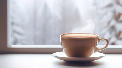 Tuinposter Soft-focus side view of a steamy cup of cocoa against a snowy windowpane. © The Food Stock