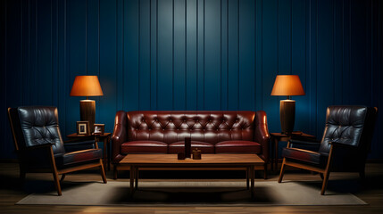 a living room with a leather sofa. Modern living room interior