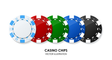 Set of colorful casino poker chips. Collection of white, red, green, blue, black tokens. Gambling game. Risky bet. Raise money. Try luck. Play roulette, blackjack addiction. Vector illustration