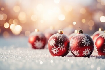 Christmas baubles decoration, Christmas balls on snow closeup, bokeh lights background