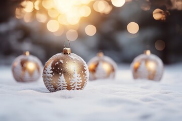 Christmas baubles decoration, Christmas balls on snow closeup, bokeh lights background