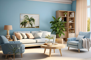 Modern living room interior with sofa and green plants,lamp,table on blue wall background. a living room with light blue sofa and blue walls 
