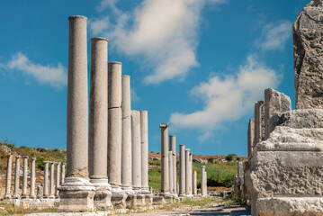Fototapeta premium Ancient city of Perge in Antalya, Turkey. Historical ruins in the ancient city of Pamphylia