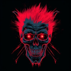 Retro Punk Zombie Skull in Vintage Art Style with Vibrant Red Color Tones on Black Background - Halloween Rocker Skull Concept