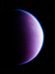 Beautiful planet in purple tones from close range. Realistic Earth-size exoplanet in deep space.