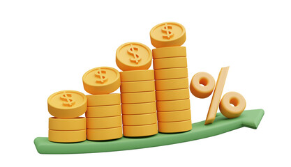 3d gold coin with up arrow and percent icon, illustration of savings, investment, payment and stock graph