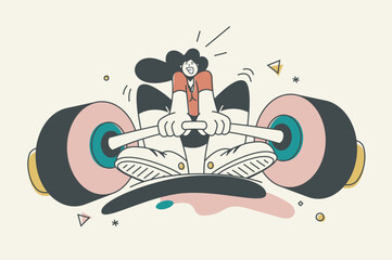 Fitness gym concept with people scene in flat retro design for web. Woman lifting barbell, does weightlifting and strength exercising. Vector illustration for social media banner, marketing material.