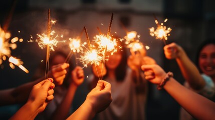 Close up of young friends holding sparklers at a party for celebrating - Powered by Adobe