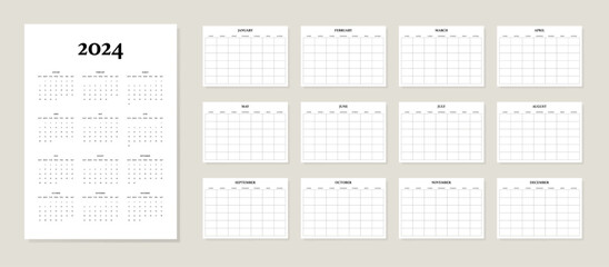 Monthly undated template planners with calendar 2024 year in a minimalist style. Week start Sunday. Vector illustration