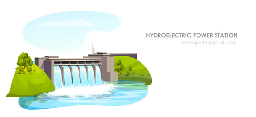 Water dam, hydroelectric power station, energy plant. Electricity generation, river flow. Renewable resource. Industrial technology. Eco environment. Green source. Vector illustration - obrazy, fototapety, plakaty