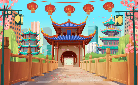  Entrance on the chinese bridge in perspective. Panorama chinese street with old houses, chinese arch, lanterns and a garland. Ancient temples. Chinese New Year. Vector illustration of city street.