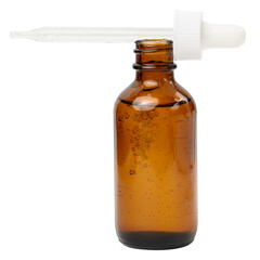 A glass brown bottle with a dropper on a white isolated background, a container for cosmetic products.